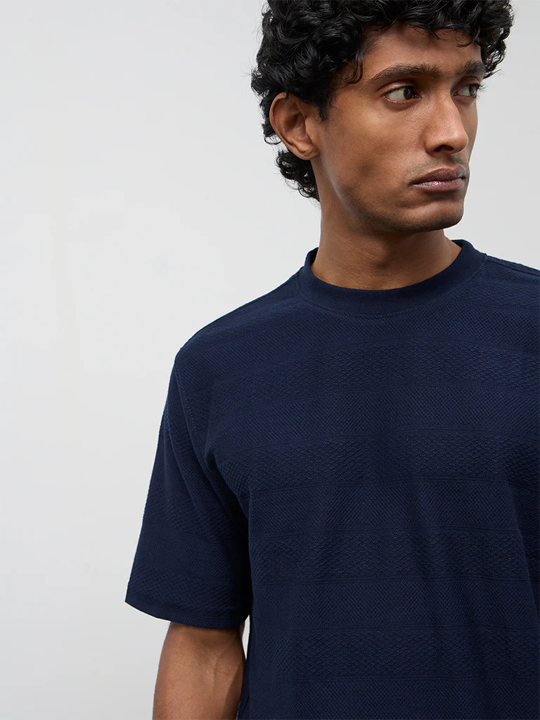 WES Lounge Navy Stripe Textured Relaxed Fit Cotton T-Shirt - Image 4
