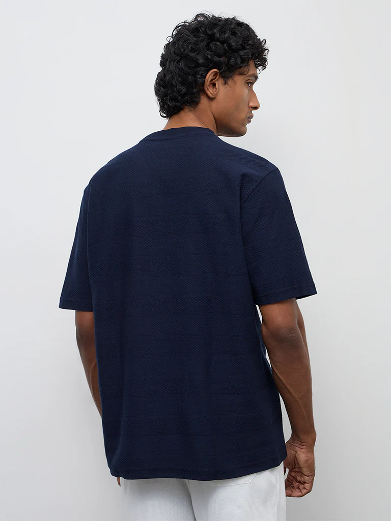 WES Lounge Navy Stripe Textured Relaxed Fit Cotton T-Shirt - Image 5