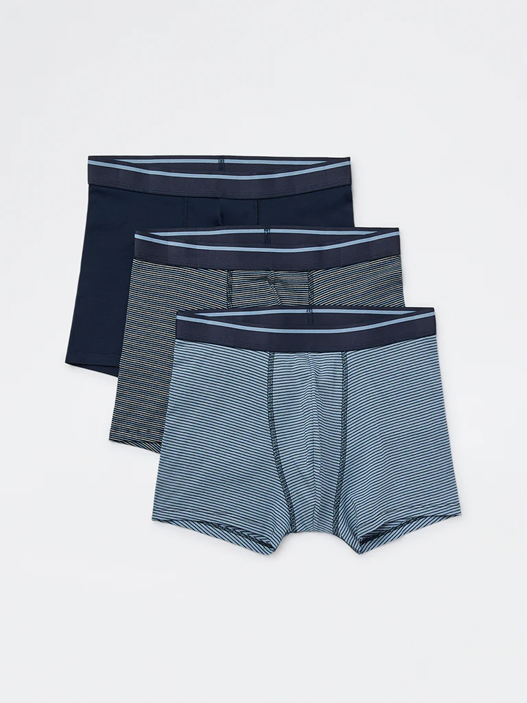 WES Lounge Navy Striped Cotton-Blend Trunks - Pack of 3