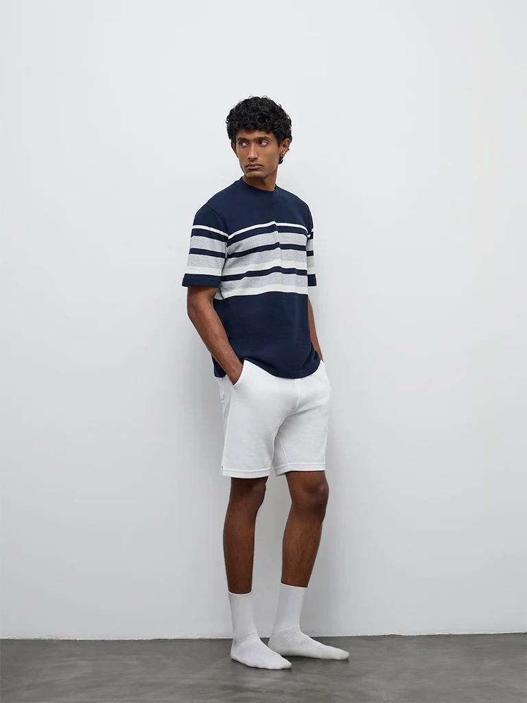 WES Lounge Navy Striped Relaxed-Fit Cotton-Blend T-Shirt - Image 2