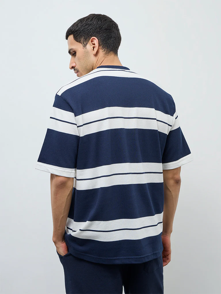 WES Lounge Navy Striped Relaxed-Fit Cotton-Blend T-Shirt - Image 4