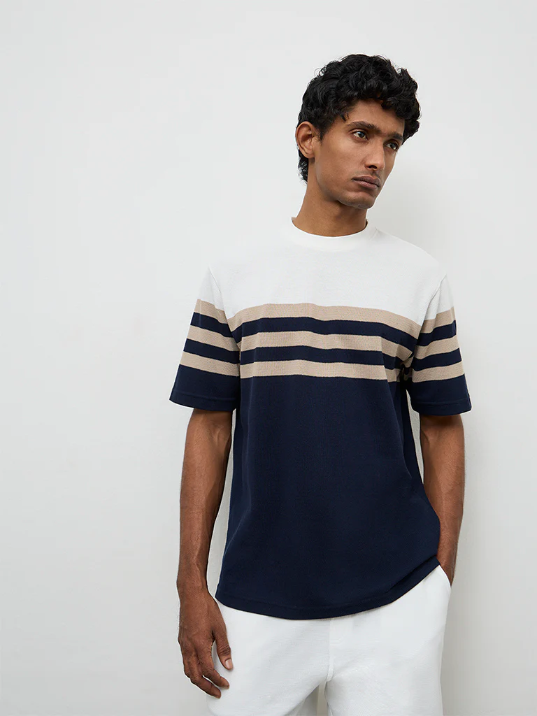 WES Lounge Navy Striped Relaxed-Fit Cotton T-Shirt - Image 2