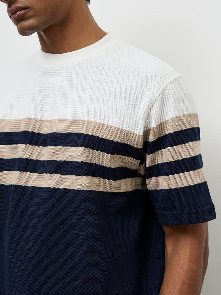 WES Lounge Navy Striped Relaxed-Fit Cotton T-Shirt - Image 3