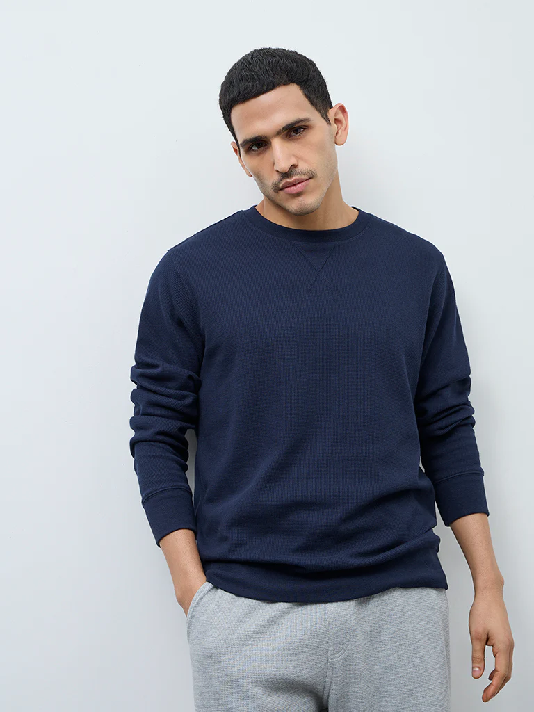 WES Lounge Navy Waffle-Textured Regular-Fit Cotton T-Shirt
