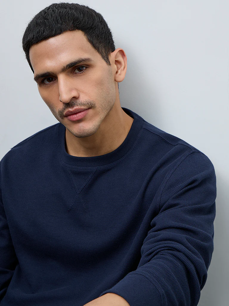 WES Lounge Navy Waffle-Textured Regular-Fit Cotton T-Shirt - Image 4
