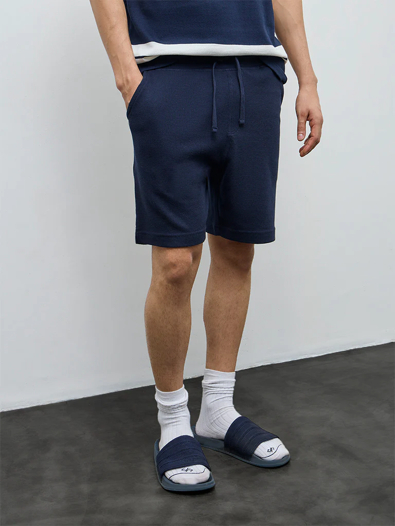 WES Lounge Navy Waffle-Textured Relaxed-Fit Mid-Rise Cotton-Blend Shorts - Image 2