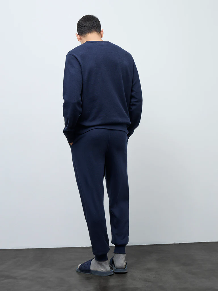 WES Lounge Navy Waffle-Textured Relaxed-Fit Mid-Rise Joggers - Image 4