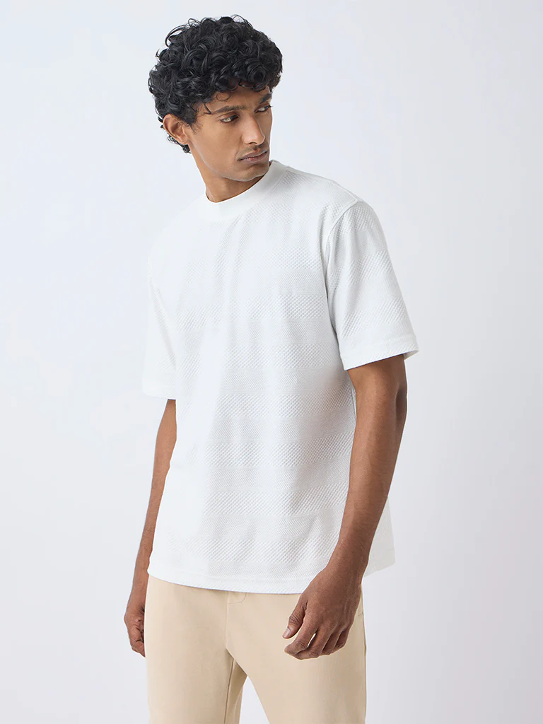 WES Lounge Off-White Self-Textured Relaxed-Fit Cotton-Blend T-Shirt