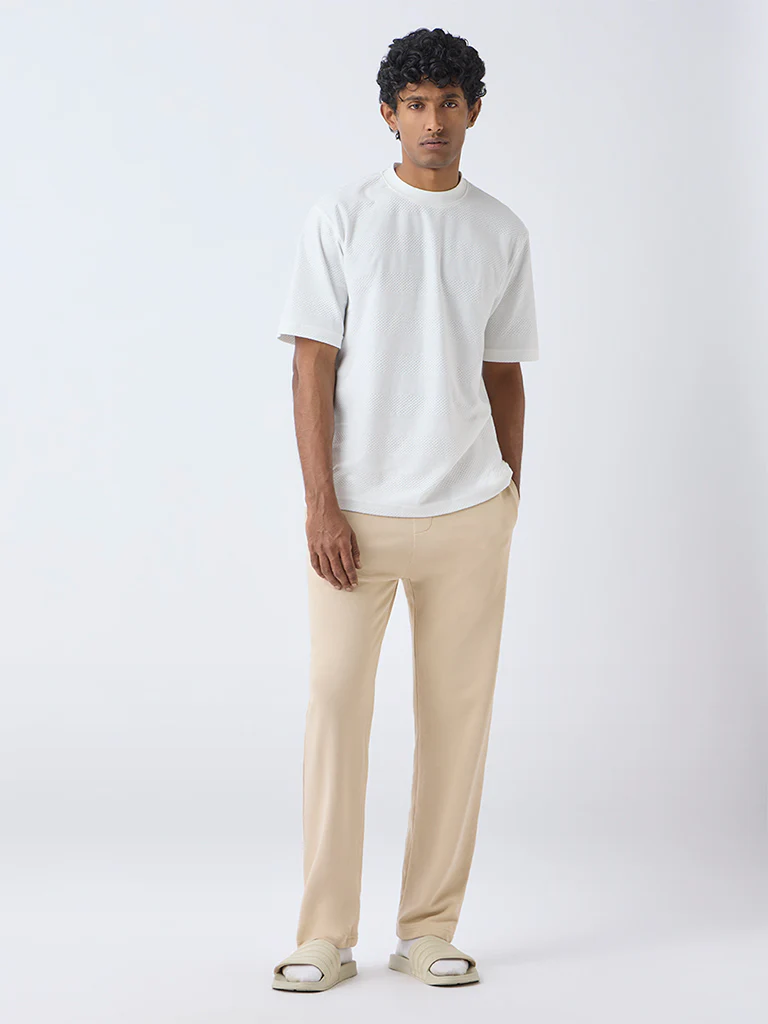 WES Lounge Off-White Self-Textured Relaxed-Fit Cotton-Blend T-Shirt - Image 2