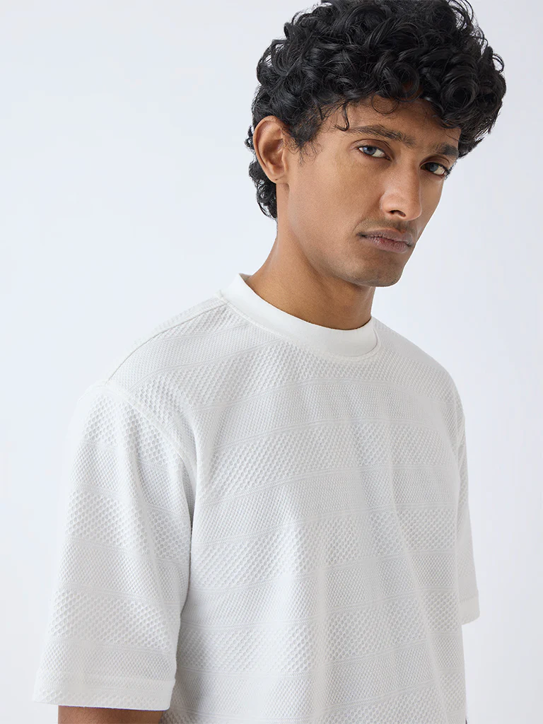 WES Lounge Off-White Self-Textured Relaxed-Fit Cotton-Blend T-Shirt - Image 3