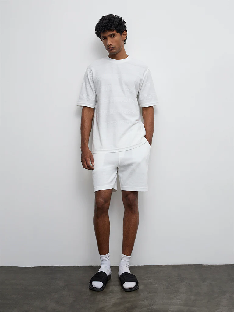 WES Lounge Off-White Stripe Textured Relaxed Fit Cotton T-Shirt - Image 3