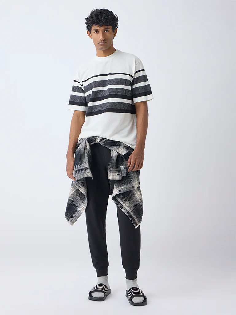 WES Lounge Off-White Striped Relaxed-Fit Cotton-Blend T-Shirt