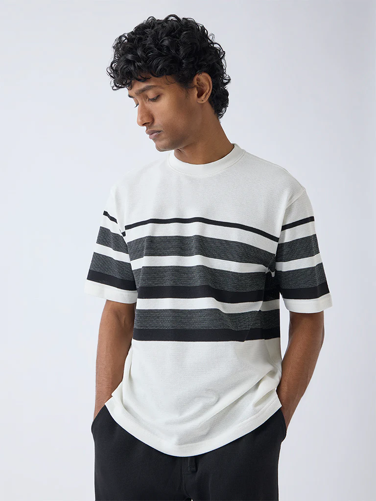 WES Lounge Off-White Striped Relaxed-Fit Cotton-Blend T-Shirt - Image 2