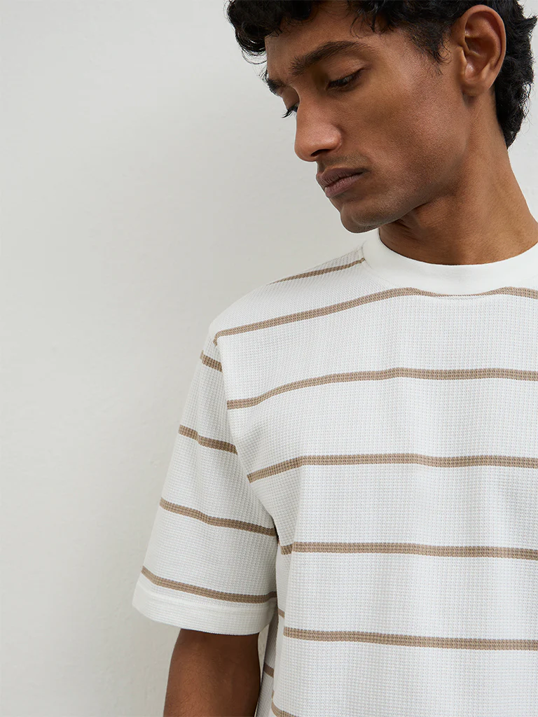 WES Lounge Off-White Striped Relaxed-Fit Cotton T-Shirt - Image 3