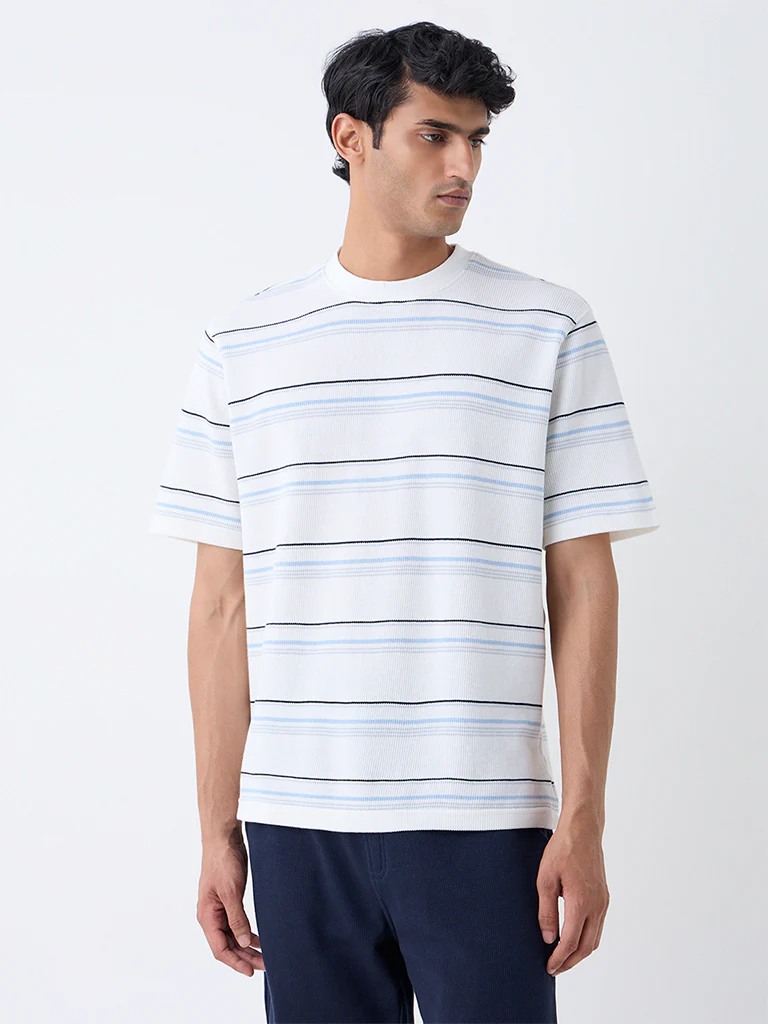 WES Lounge Off-White Striped Relaxed-Fit T-Shirt