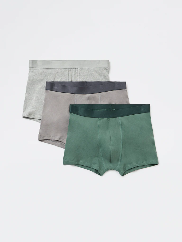 WES Lounge Olive Solid Cotton-Blend Trunks - Pack of 3