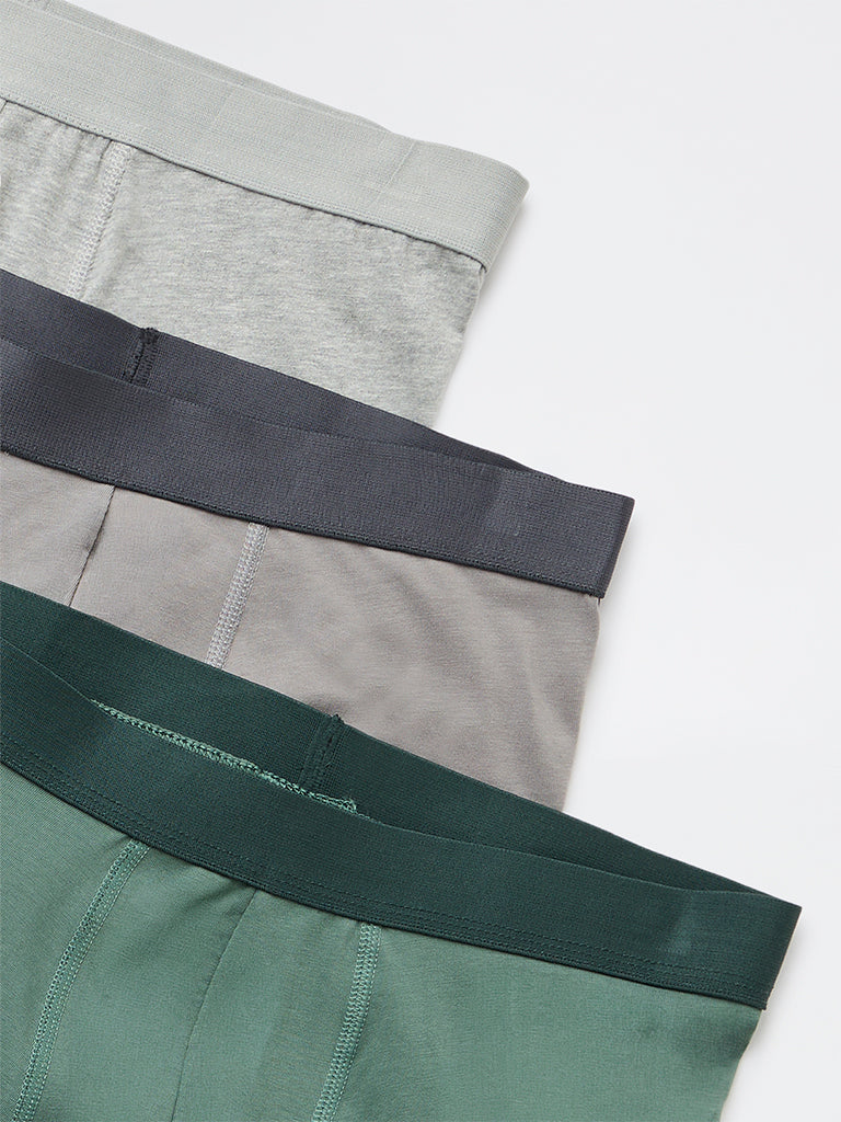 WES Lounge Olive Solid Cotton-Blend Trunks - Pack of 3 - Image 4