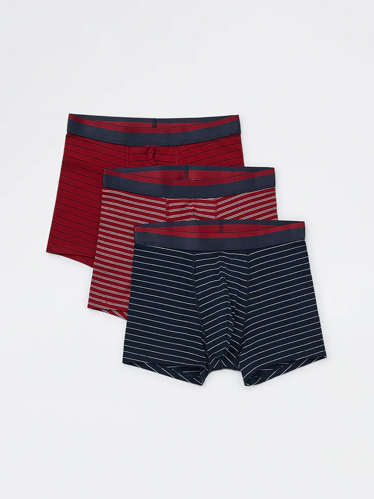 WES Lounge Red Striped Cotton-Blend Trunks - Pack of 3