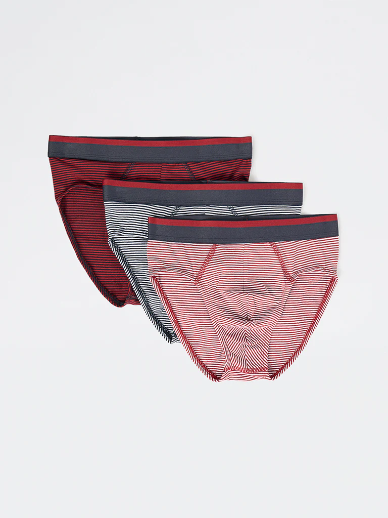 WES Lounge Red Striped Cotton Briefs - Pack of 3