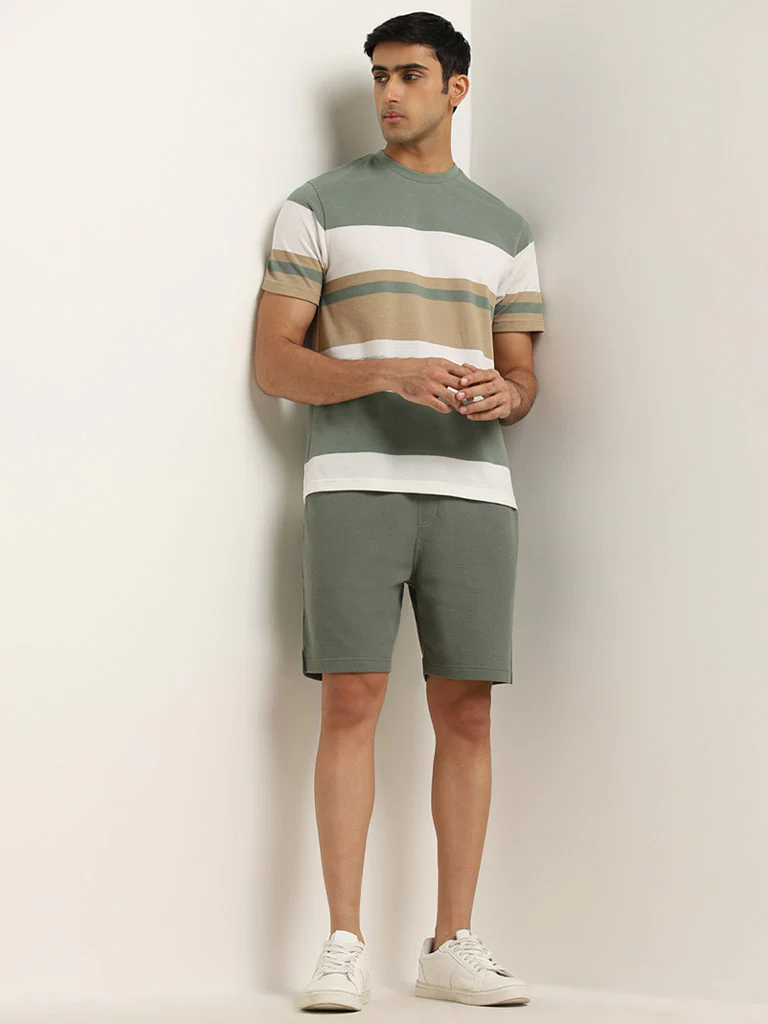 WES Lounge Sage Colour-Blocked Relaxed-Fit Cotton-Blend T-Shirt - Image 3