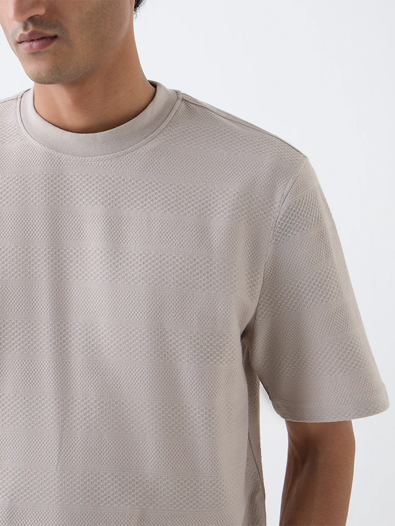 WES Lounge Taupe Self-Textured Relaxed-Fit T-Shirt - Image 4