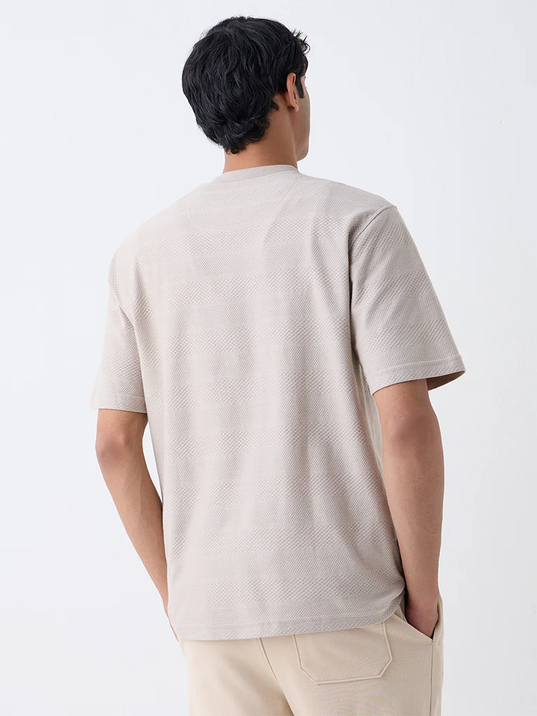 WES Lounge Taupe Self-Textured Relaxed-Fit T-Shirt - Image 5