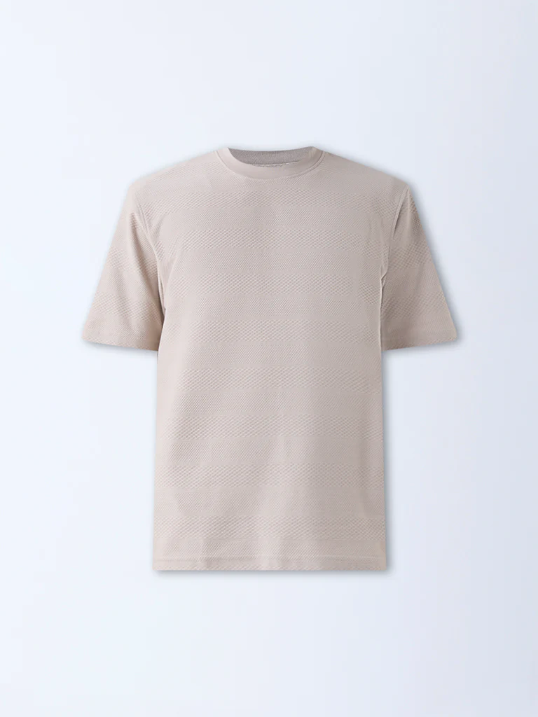 WES Lounge Taupe Self-Textured Relaxed-Fit T-Shirt - Image 6