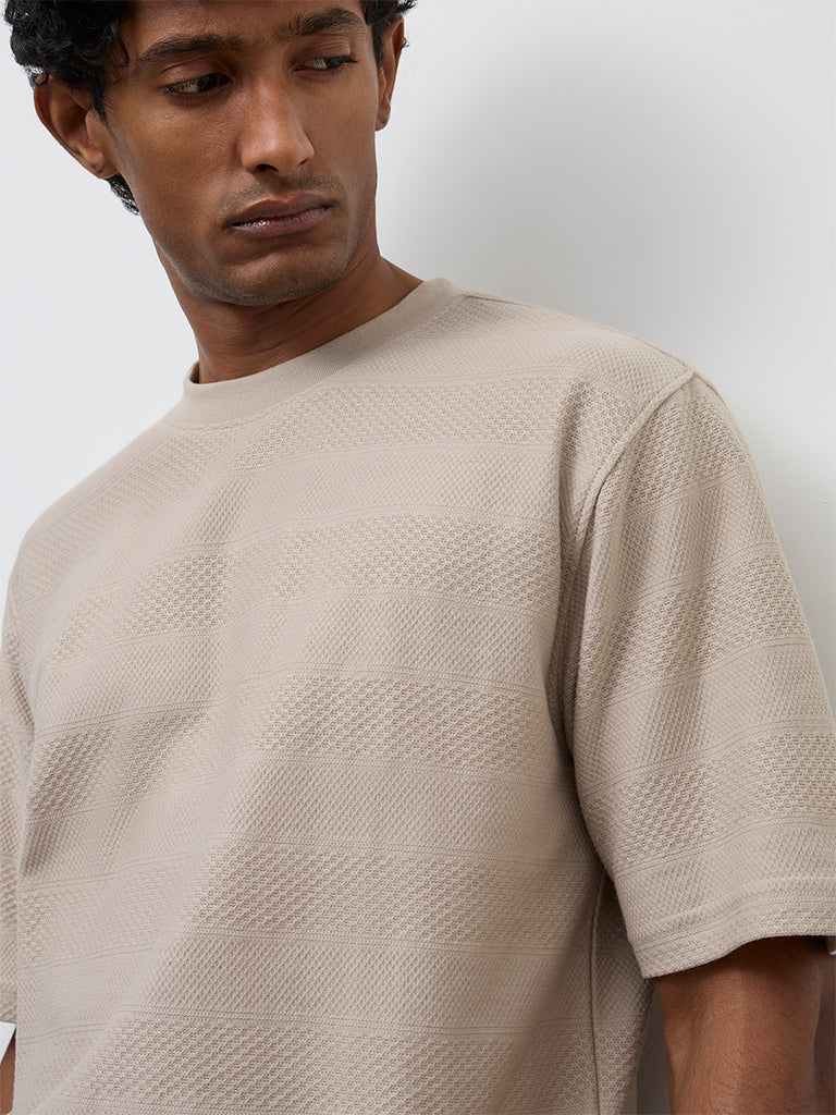 WES Lounge Taupe Stripe Textured Relaxed Fit Cotton T-Shirt - Image 4