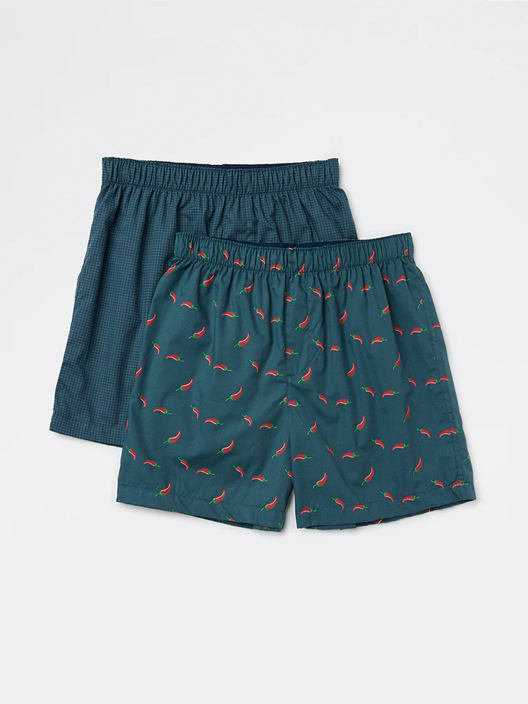 WES Lounge Teal Relaxed-Fit Cotton Boxers - Pack of 2