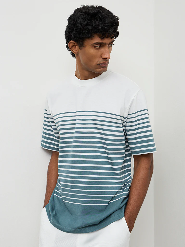 WES Lounge Teal Striped Relaxed-Fit Cotton T-Shirt