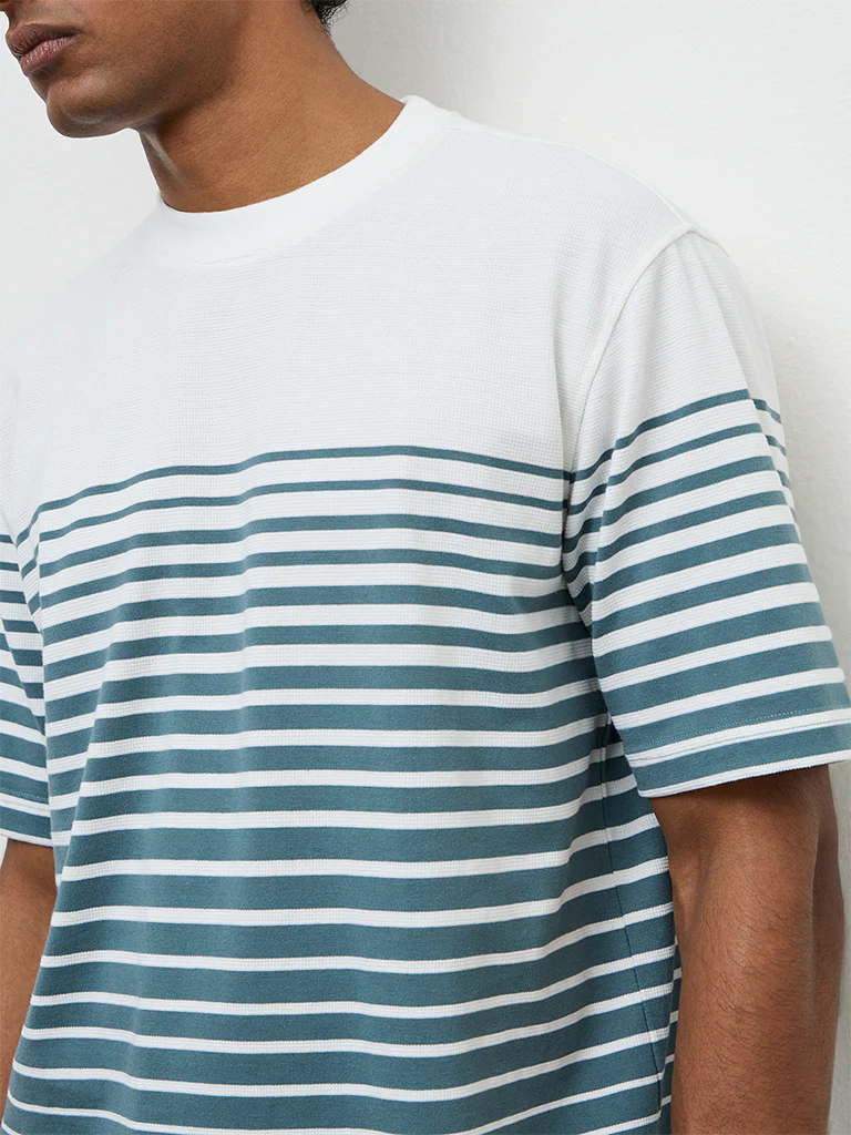 WES Lounge Teal Striped Relaxed-Fit Cotton T-Shirt - Image 3