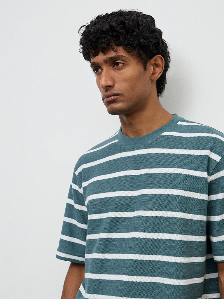 WES Lounge Teal Striped Relaxed-Fit Cotton T-Shirt - Image 3