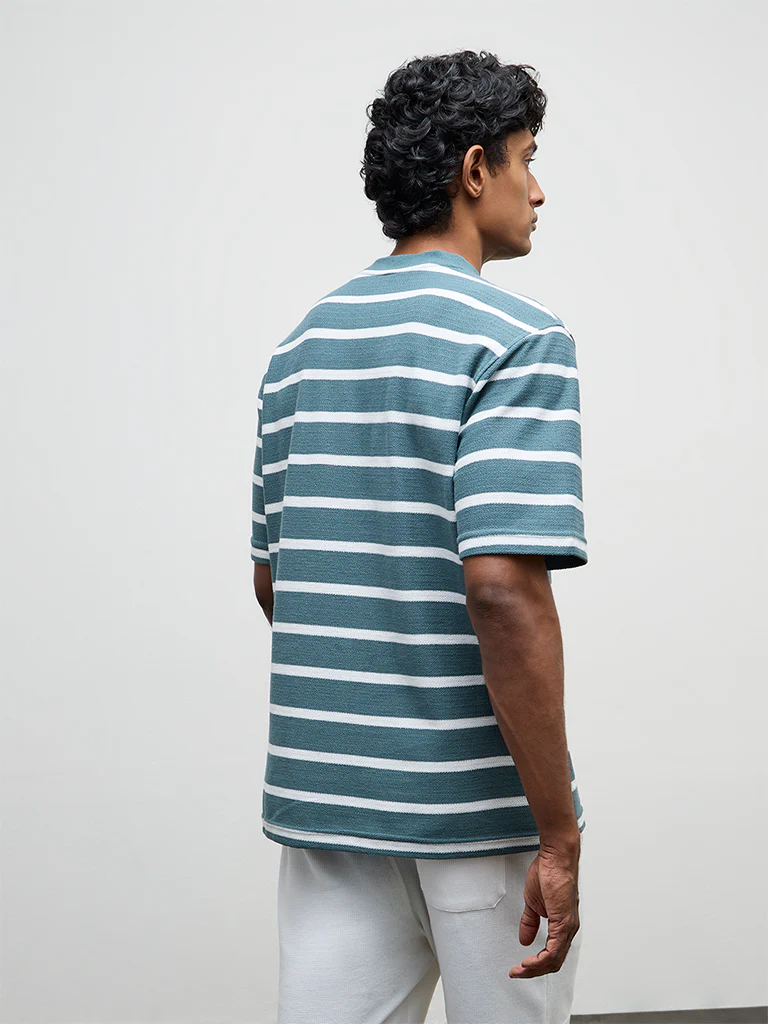 WES Lounge Teal Striped Relaxed-Fit Cotton T-Shirt - Image 4