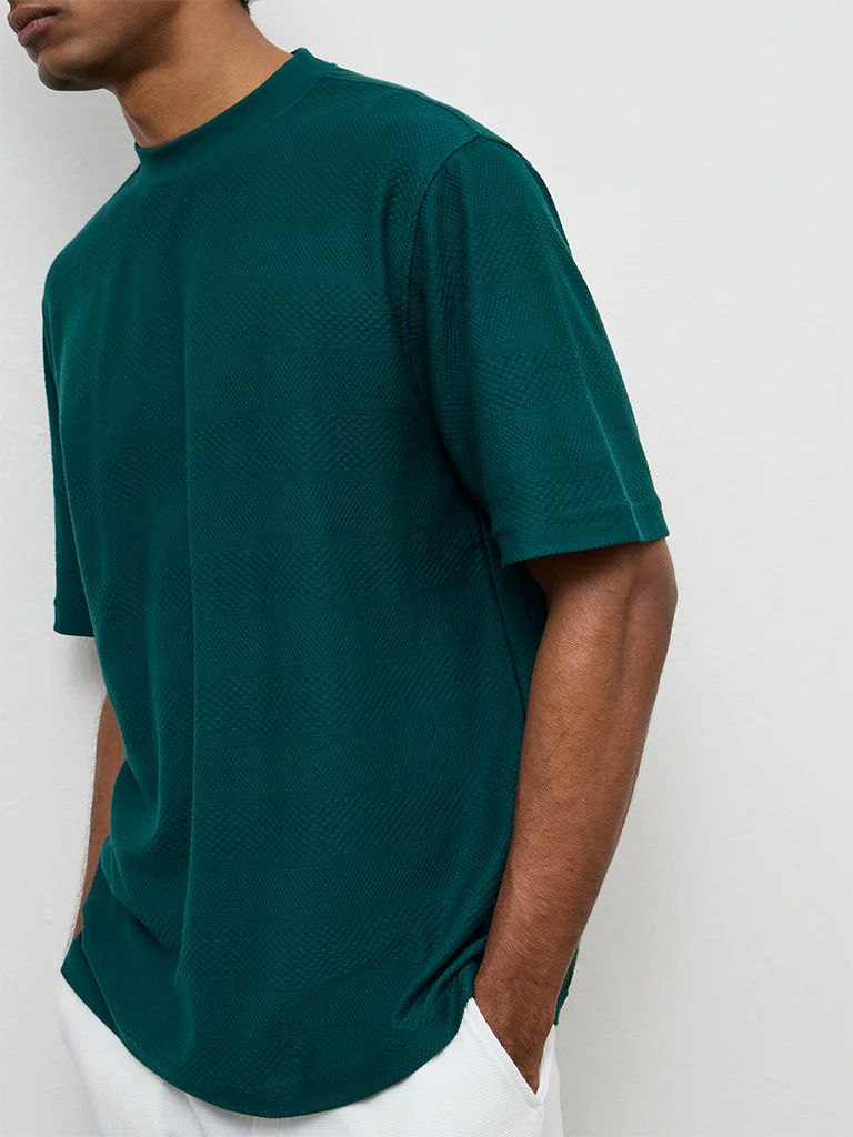 WES Lounge Teal Textured Relaxed-Fit Cotton T-Shirt - Image 4