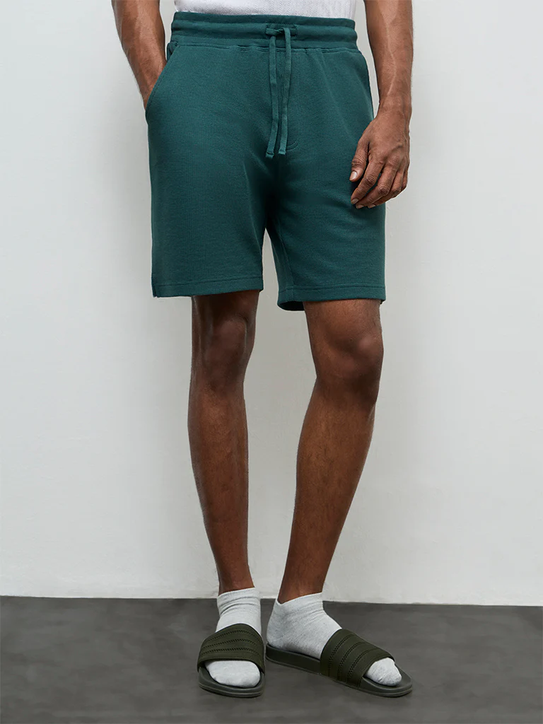 WES Lounge Teal Textured Relaxed-Fit Mid-Rise Cotton-Blend Shorts - Image 3