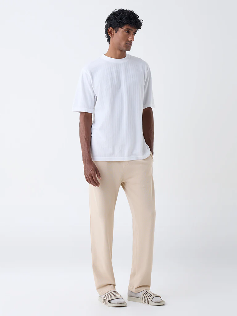WES Lounge White Self Relaxed-Fit Cotton-Blend T-Shirt