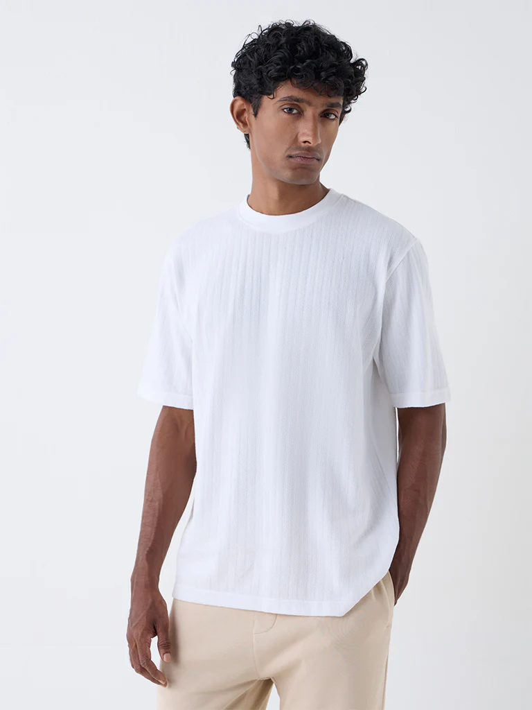 WES Lounge White Self Relaxed-Fit Cotton-Blend T-Shirt - Image 2
