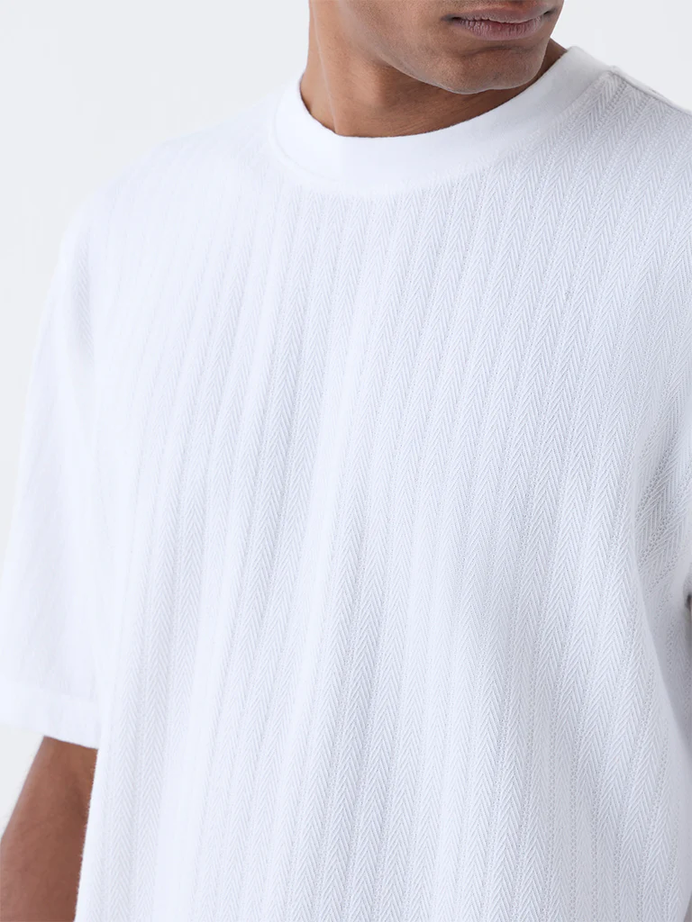 WES Lounge White Self Relaxed-Fit Cotton-Blend T-Shirt - Image 3