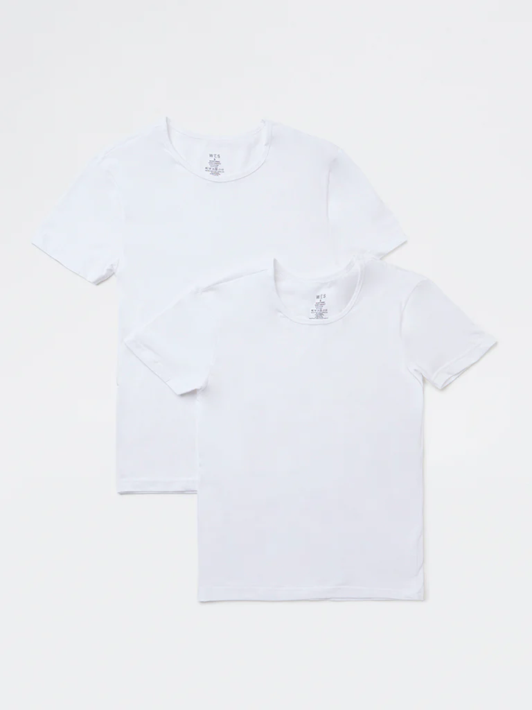 WES Lounge White Solid Cotton Vests - Pack of 2