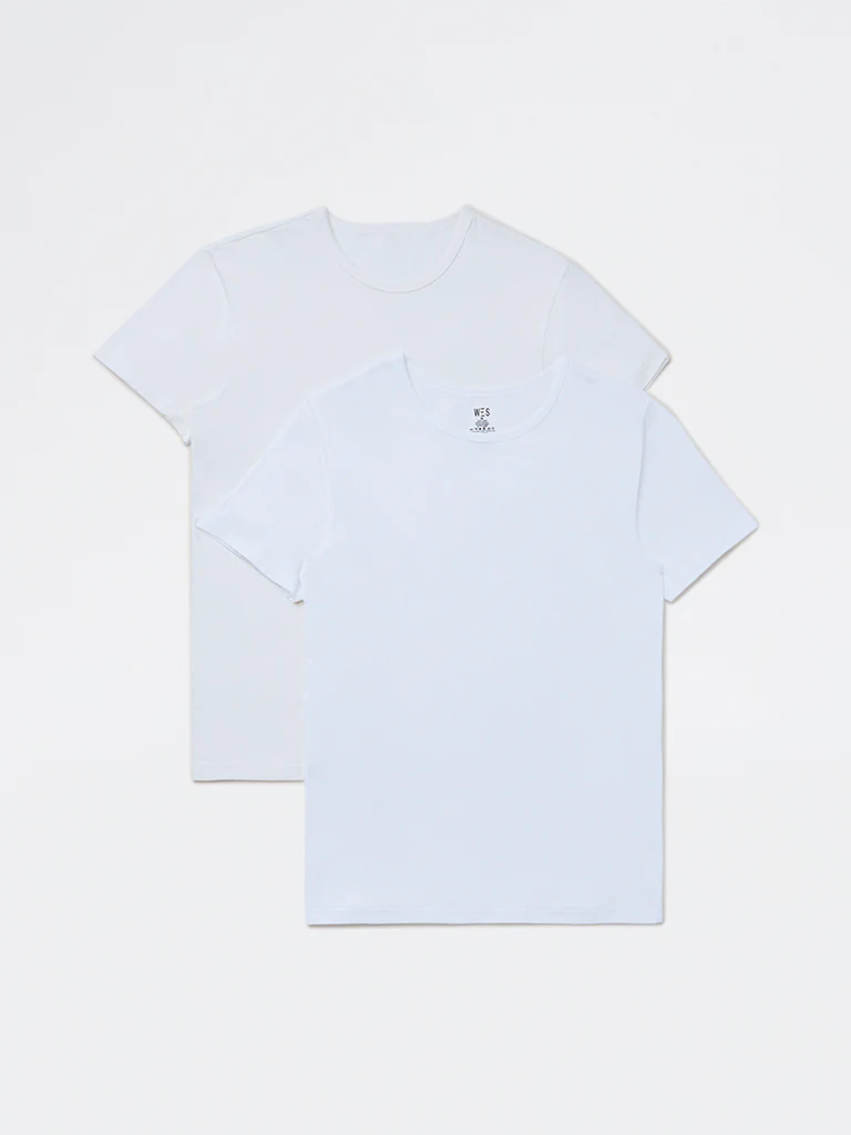 WES Lounge White Solid Cotton Vests - Pack of 2