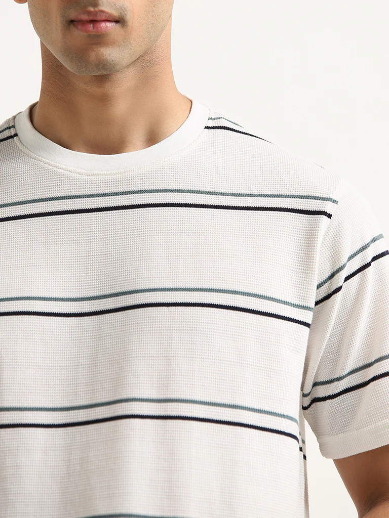WES Lounge White Stripe Printed Cotton T-Shirt - Image 2