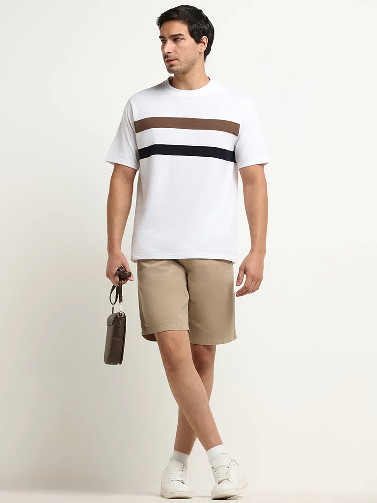 WES Lounge White Striped Cotton-Blend Relaxed Fit T-Shirt - Image 3