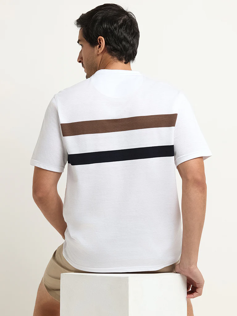 WES Lounge White Striped Cotton-Blend Relaxed Fit T-Shirt - Image 4
