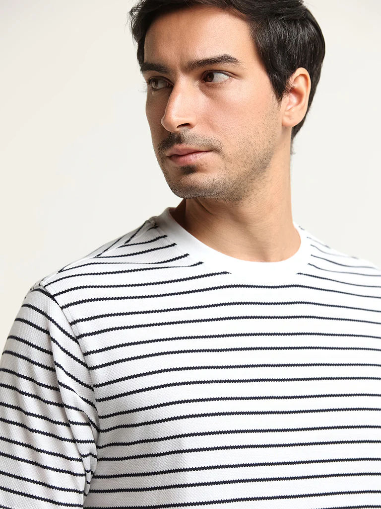 WES Lounge White Striped Cotton-Blend Relaxed Fit T-Shirt - Image 2