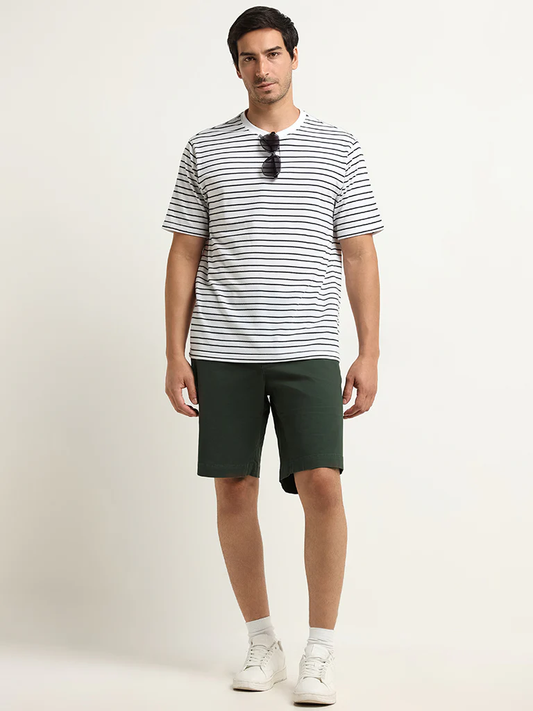 WES Lounge White Striped Cotton-Blend Relaxed Fit T-Shirt - Image 3