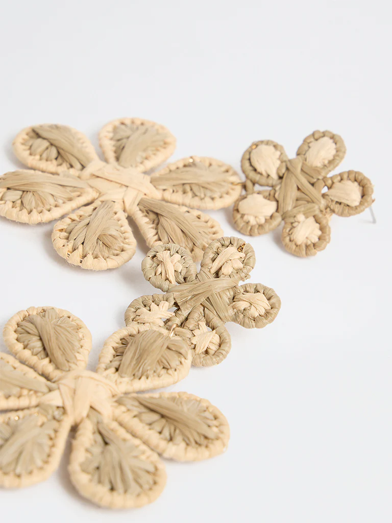 Westside Accessories Beige Floral Raffia Statement Earrings - Image 3
