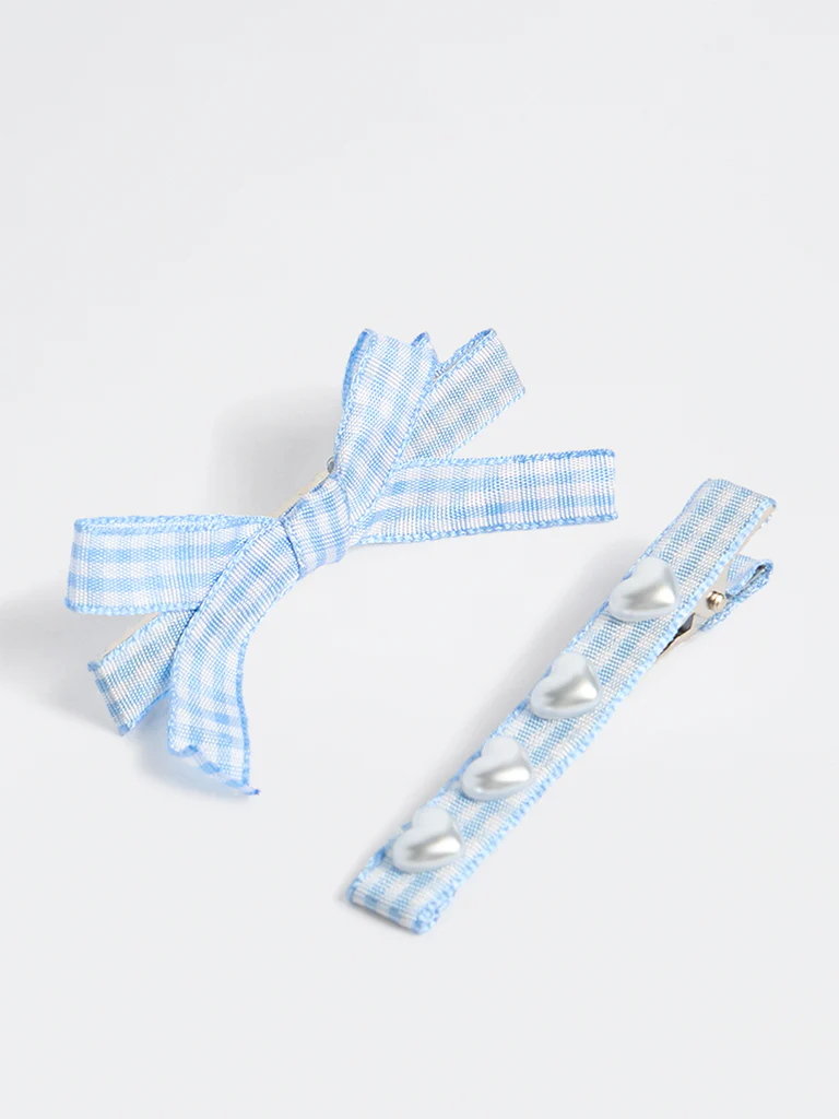 Westside Accessories Blue Gingham Checkered Bow and Pearl Clip - Pack of 2 - Image 2