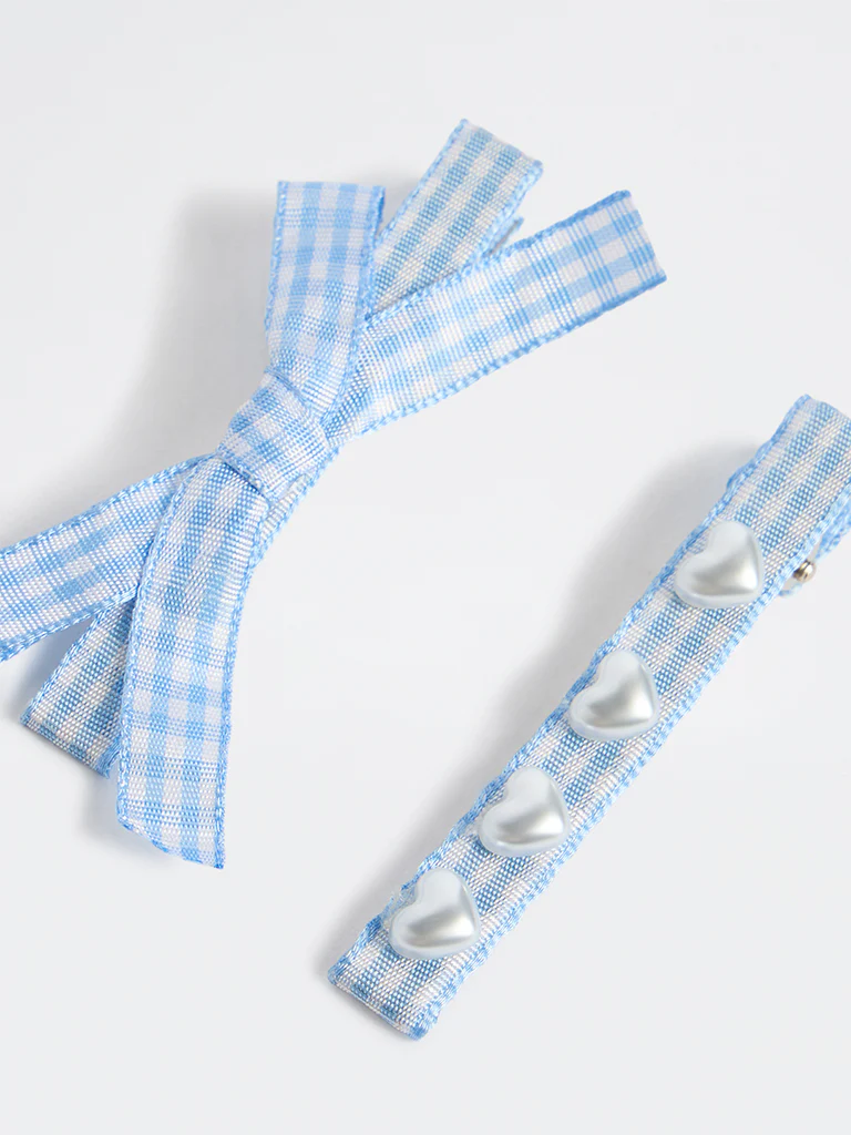 Westside Accessories Blue Gingham Checkered Bow and Pearl Clip - Pack of 2 - Image 3