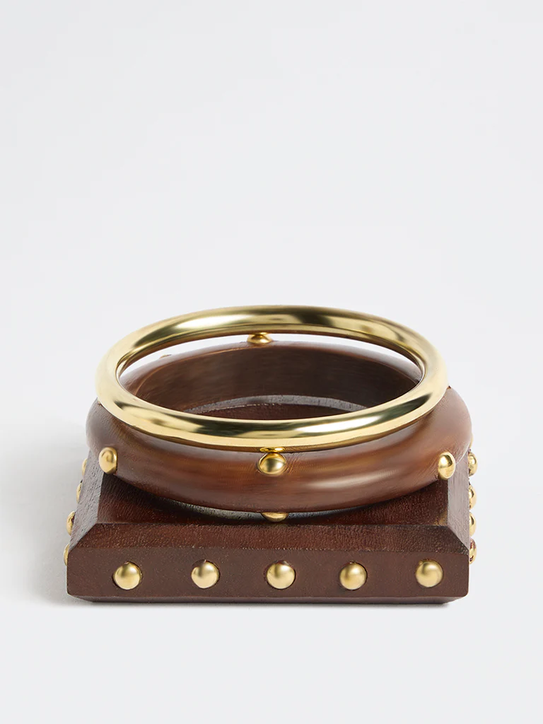 Westside Accessories Brown Wood and Metal Bangles - Pack of 3 - Image 2