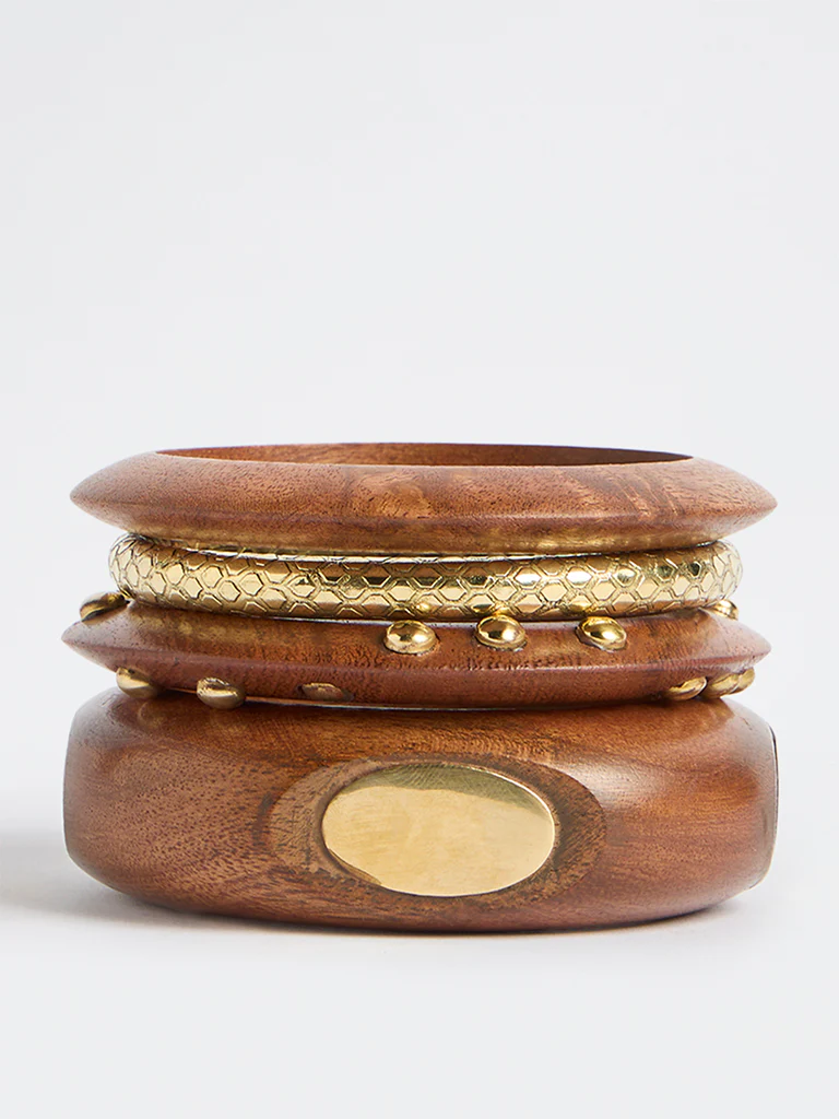 Westside Accessories Brown Wood and Metal Bangles - Pack of 4